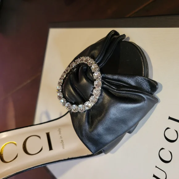 Super Sexy Gucci Black Women's Leather heels w Swarovski Crsytals 37.5 Like New - Picture 9 of 15
